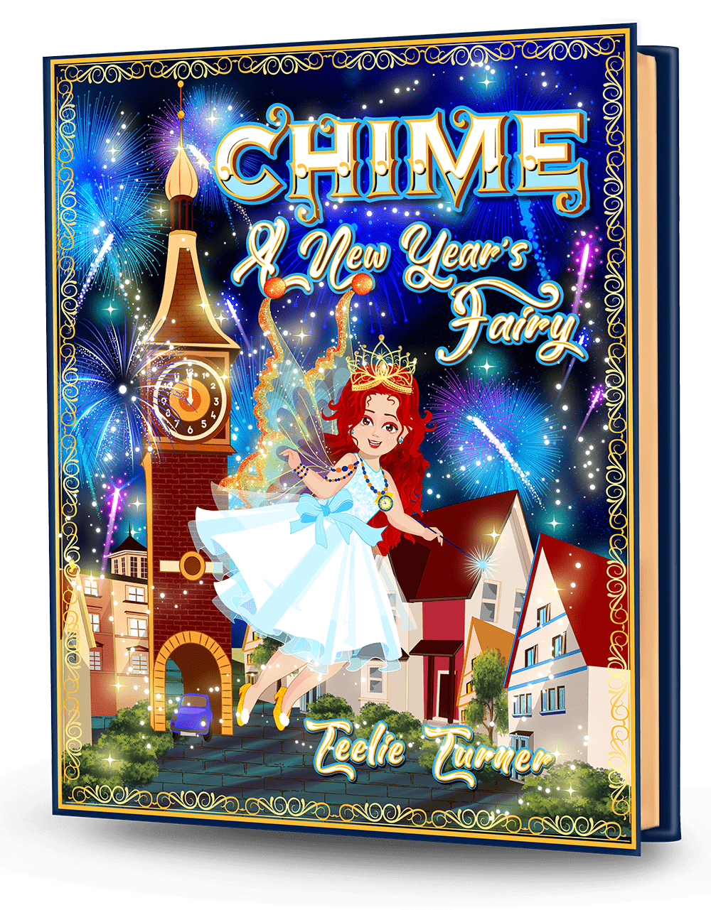 Cover of Chime The New Year's Fairy, a new years fairy adventure ebook featuring a magical fairy celebrating New Year with sparkling fireworks.