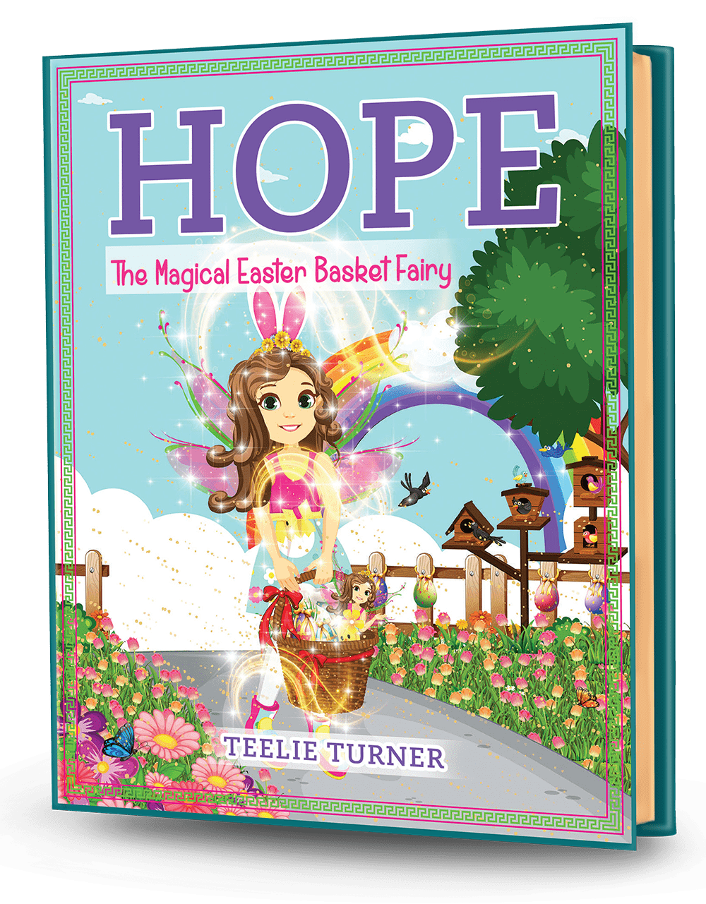 Cover of Hope The Magical Easter Basket Fairy, a easter basket fairy adventure ebook featuring a magical fairy holding a colorful Easter basket with bunny helpers.