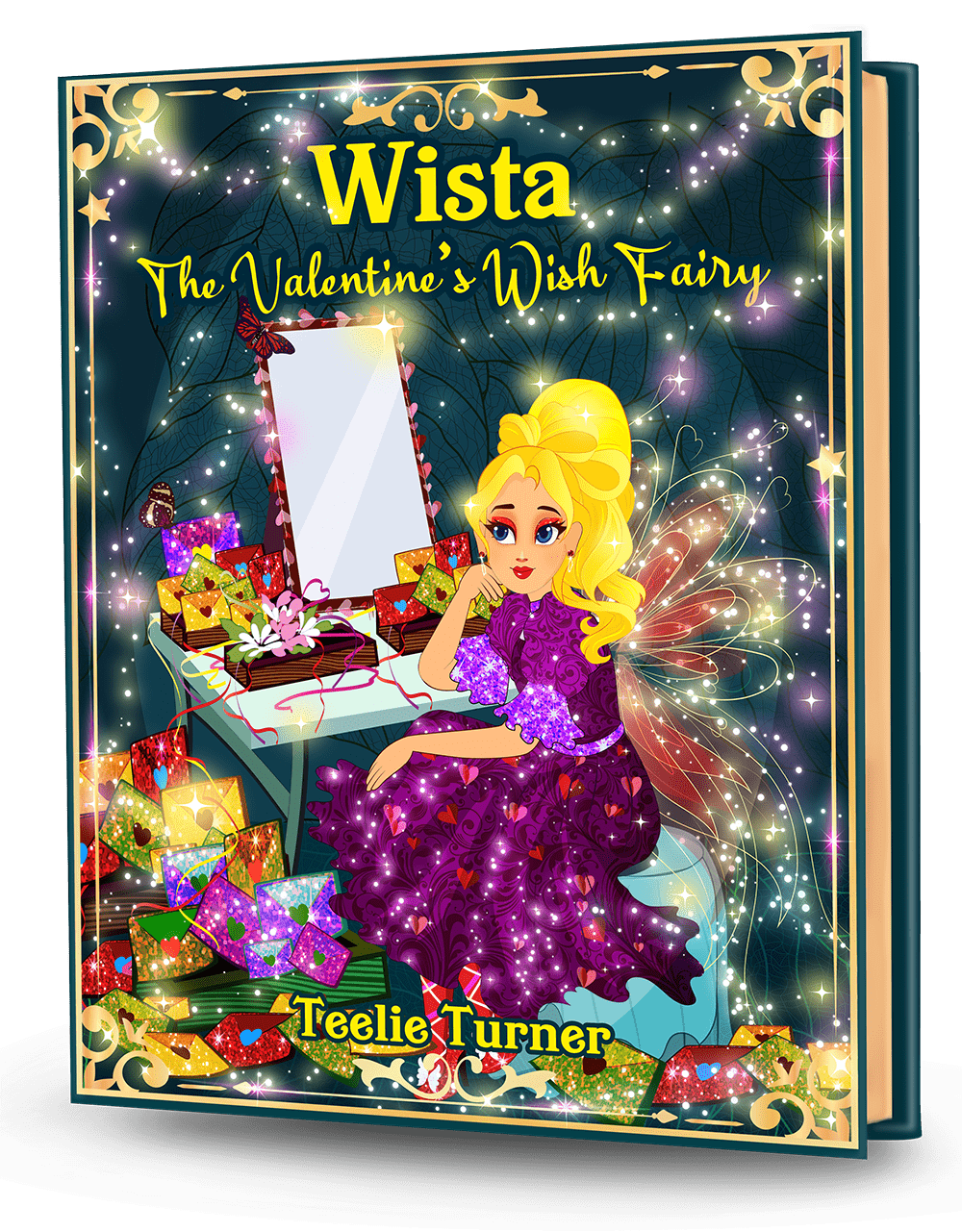 Cover of Wista The Valentine's Wish Fairy, a valentines wish fairy adventure ebook featuring a magical fairy surrounded by hearts and sparkling Valentine magic.