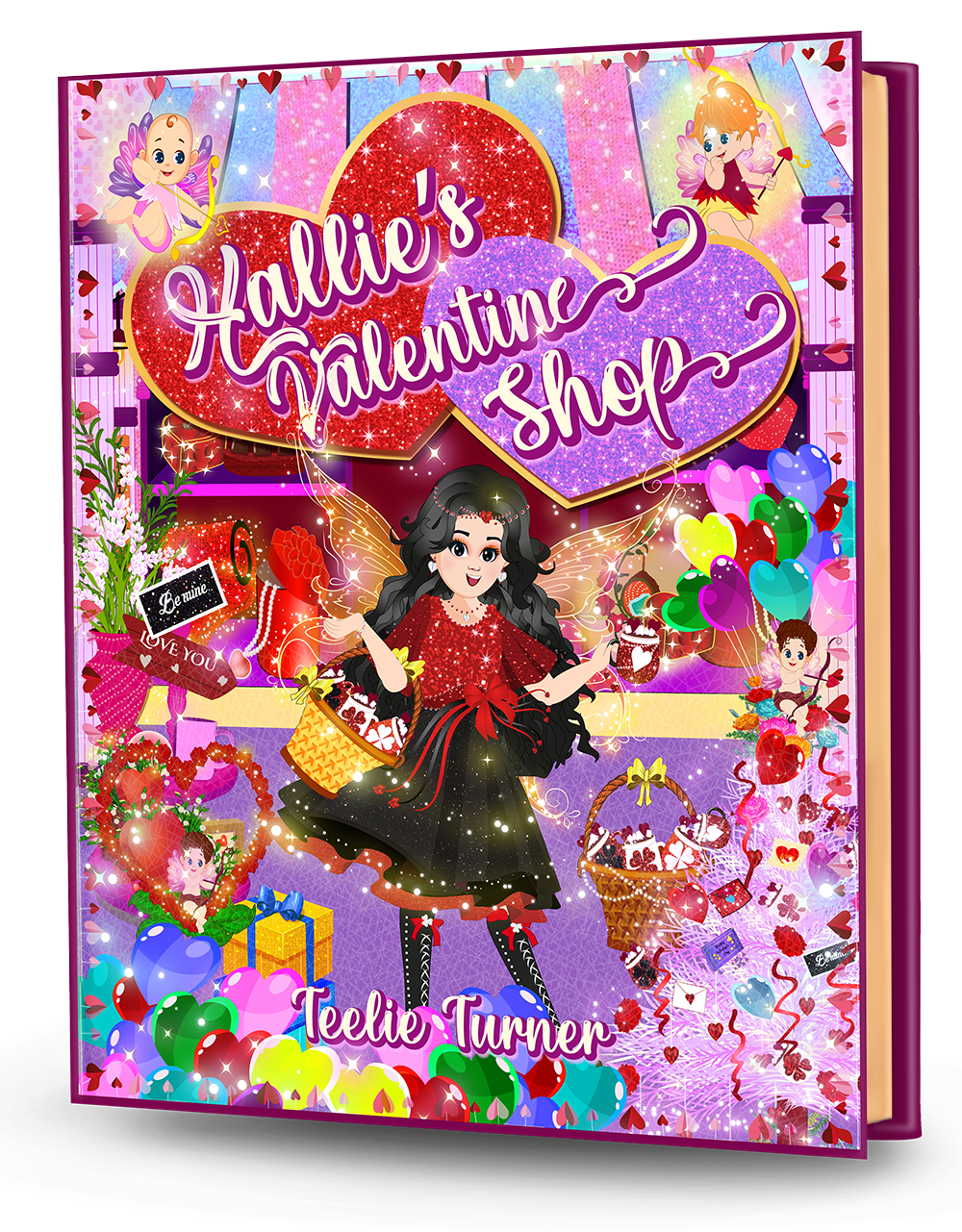 Cover of Hallie's Valentine Shop, a valentine fairy shop adventure ebook featuring a magical fairy shop filled with hearts, gifts, and Valentine magic.
