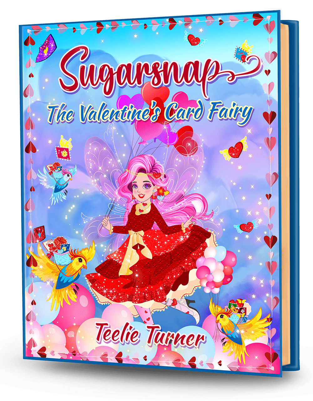 Cover of Sugarsnap The Valentine's Card Fairy, a valentines card fairy adventure ebook featuring a magical fairy delivering colorful Valentine cards.