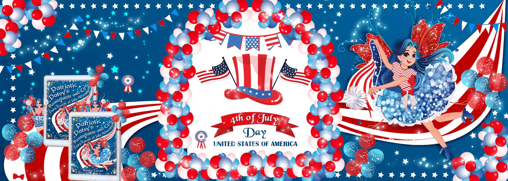 Fairies celebrating Independence Day with magical fireworks in Teelie Turner’s children’s eBook series