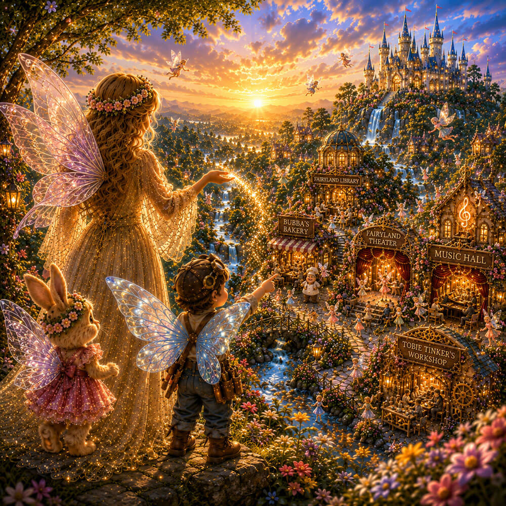 the panoramic image with you, Petal Spark, Tobie, and Fairyland stretching into the distance