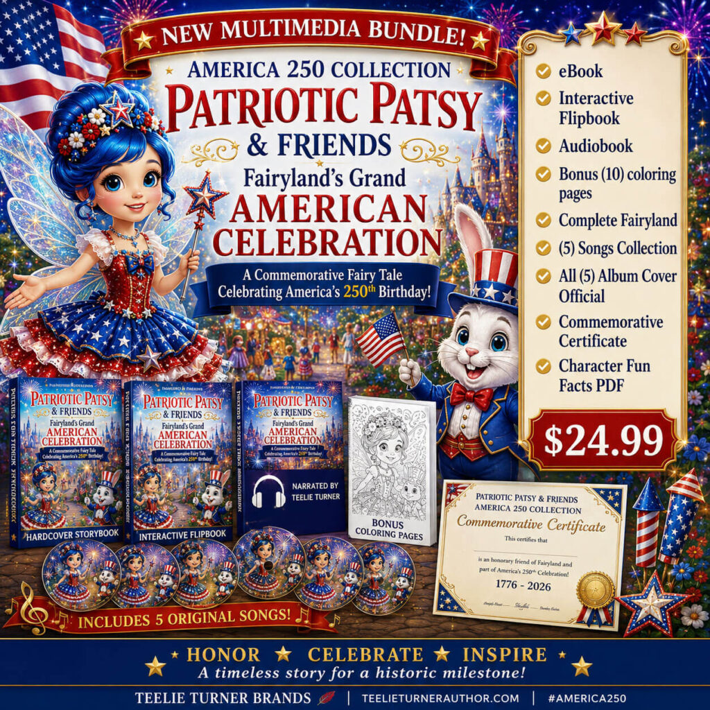 Patriotic Patsy & Friends Ultimate Multimedia Bundle featuring an eBook, interactive flipbook, audiobook, five original Fairyland songs, printable coloring pages, commemorative certificate, character fun facts, and America 250 digital collection.