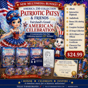 Patriotic Patsy & Friends Ultimate Multimedia Bundle featuring an eBook, interactive flipbook, audiobook, five original Fairyland songs, printable coloring pages, commemorative certificate, character fun facts, and America 250 digital collection.