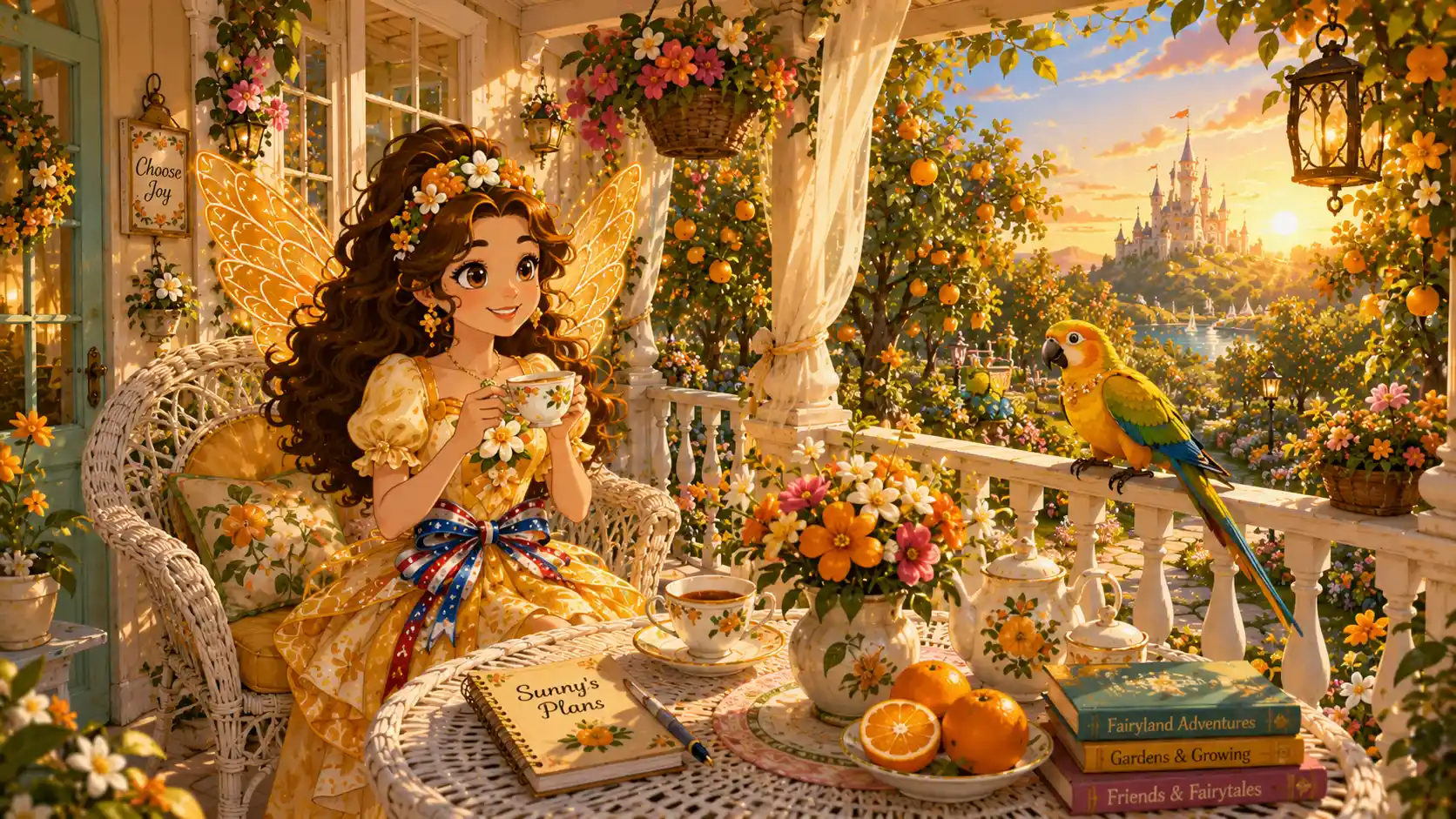 Sunny Citrusblossom relaxing on her citrus cottage porch