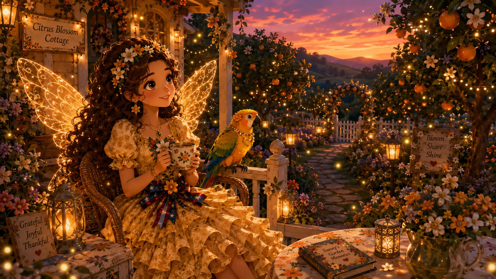 Citrus Blossom Cottage glowing at sunset in Fairyland